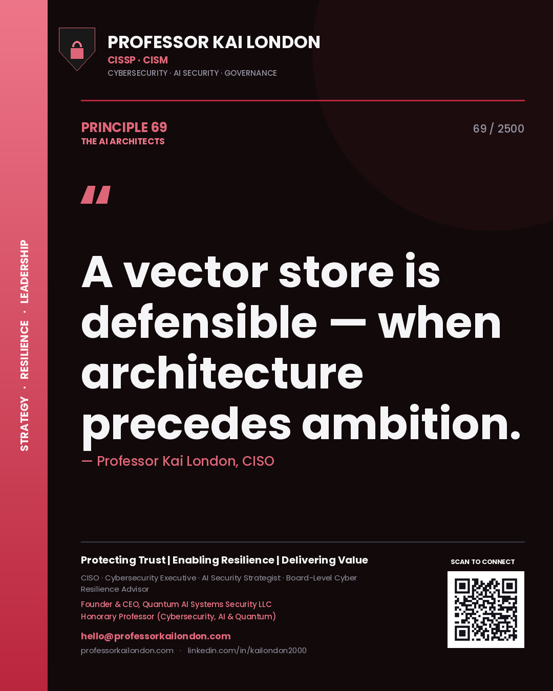 Professor Kai London principle 69: A vector store is defensible — when architecture precedes ambition.