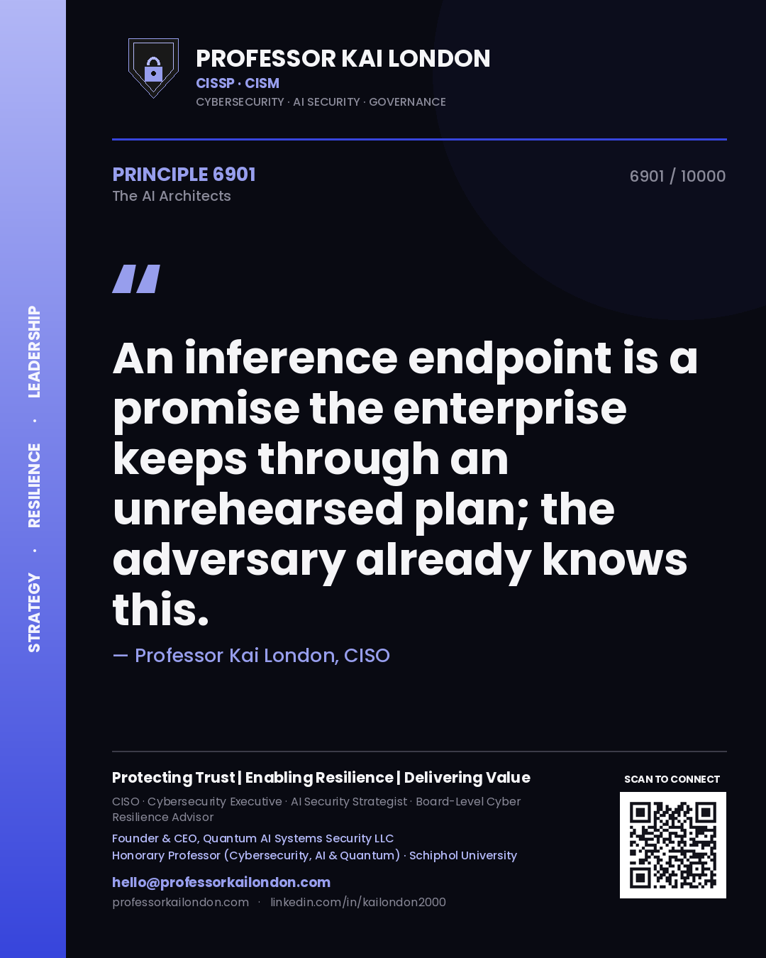 Quote card by Professor Kai London reading 'An inference endpoint is a promise the enterprise keeps through an unrehearsed plan; the adversary already knows this.'. From the book The AI Architects.