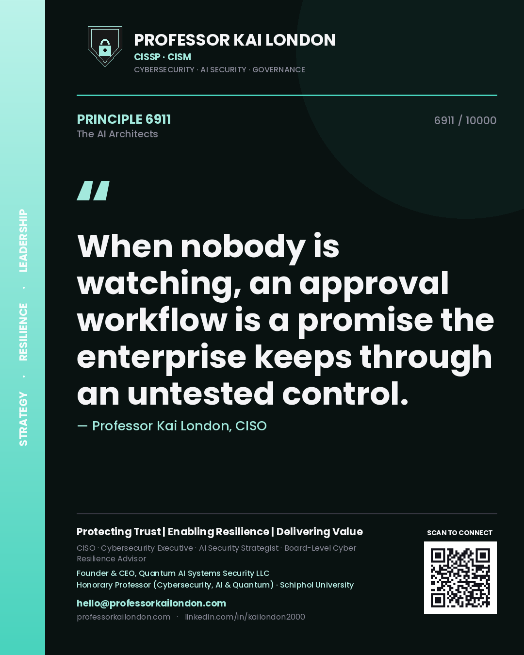 Quote card by Professor Kai London reading 'When nobody is watching, an approval workflow is a promise the enterprise keeps through an untested control.'. From the book The AI Architects.