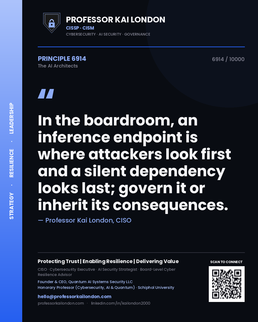 Quote card by Professor Kai London reading 'In the boardroom, an inference endpoint is where attackers look first and a silent dependency looks last; govern it or inherit its consequences.'. From the book The AI Architects.
