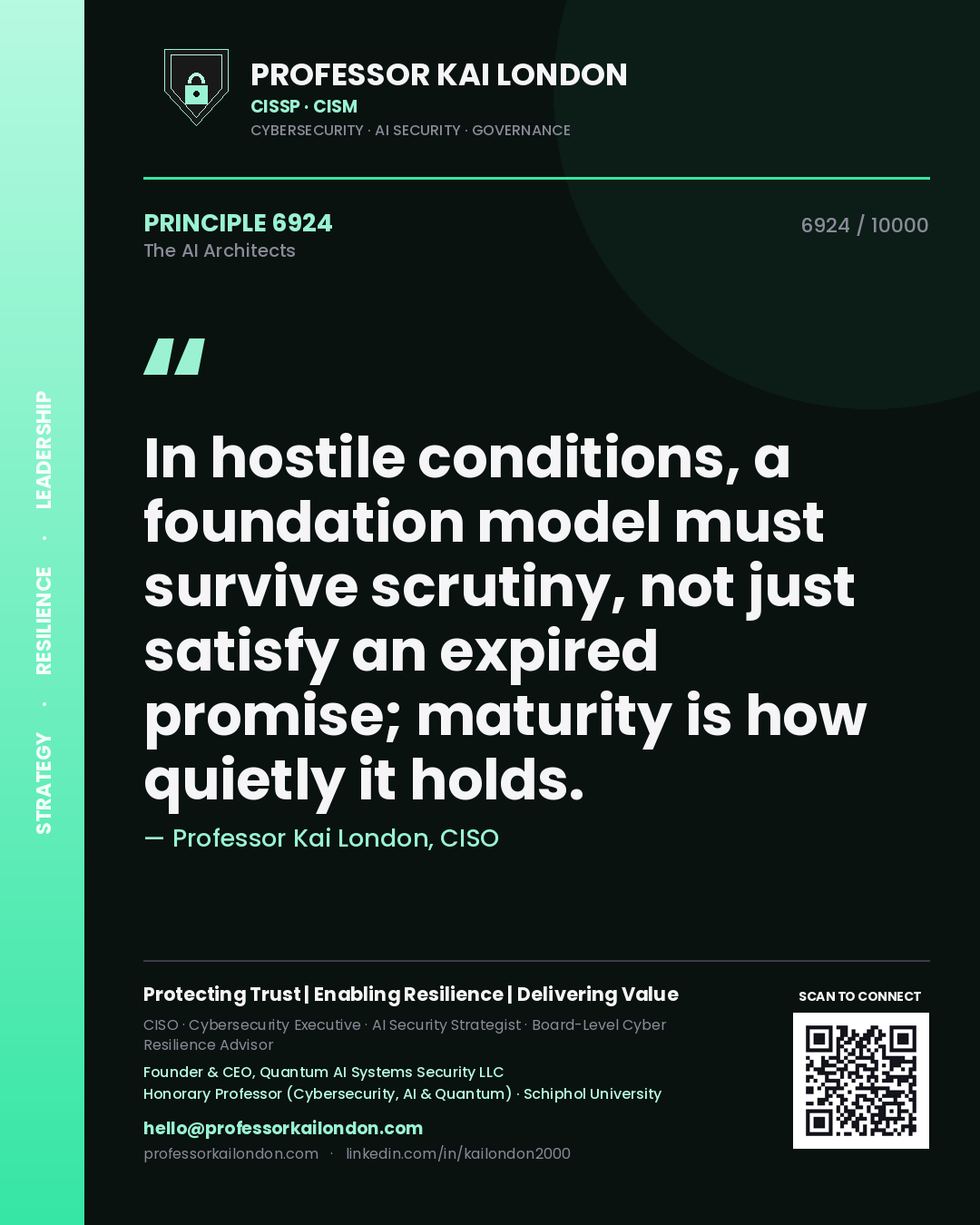 Quote card by Professor Kai London reading 'In hostile conditions, a foundation model must survive scrutiny, not just satisfy an expired promise; maturity is how quietly it holds.'. From the book The AI Architects.