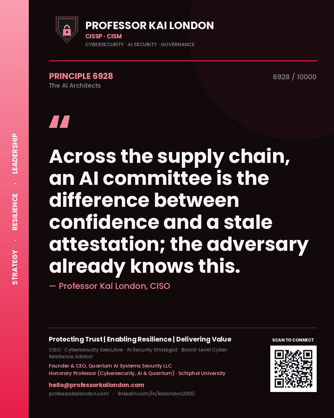 Quote card by Professor Kai London reading 'Across the supply chain, an AI committee is the difference between confidence and a stale attestation; the adversary already knows this.'. From the book The AI Architects.