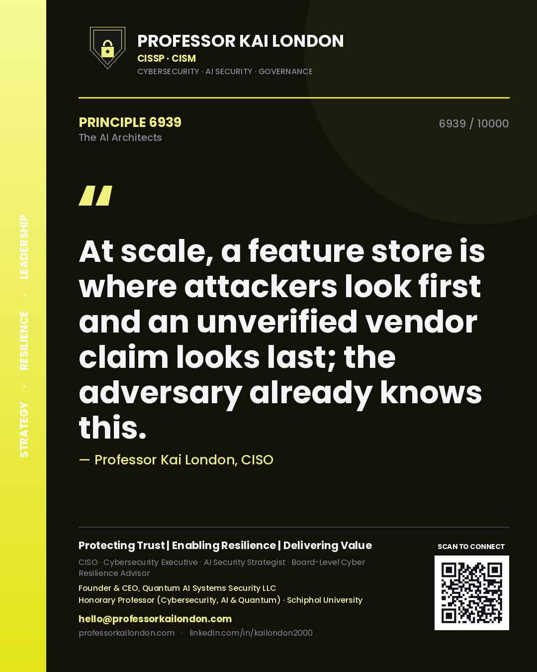 Quote card by Professor Kai London reading 'At scale, a feature store is where attackers look first and an unverified vendor claim looks last; the adversary already knows this.'. From the book The AI Architects.