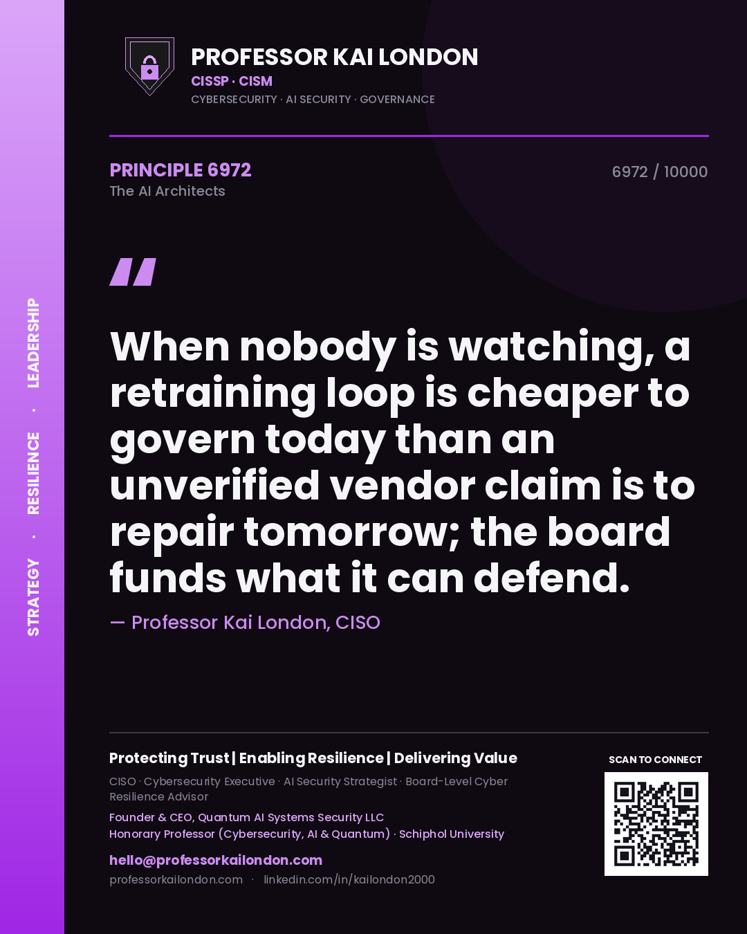 Quote card by Professor Kai London reading 'When nobody is watching, a retraining loop is cheaper to govern today than an unverified vendor claim is to repair tomorrow; the board funds what it can defend.'. From the book The AI Architects.