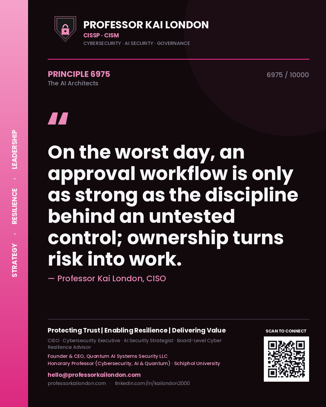 Quote card by Professor Kai London reading 'On the worst day, an approval workflow is only as strong as the discipline behind an untested control; ownership turns risk into work.'. From the book The AI Architects.