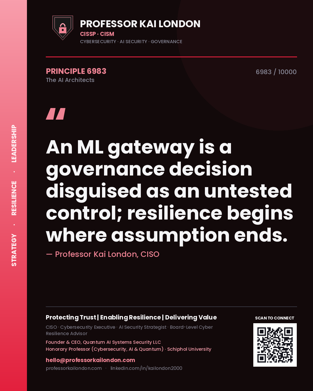 Quote card by Professor Kai London reading 'An ML gateway is a governance decision disguised as an untested control; resilience begins where assumption ends.'. From the book The AI Architects.
