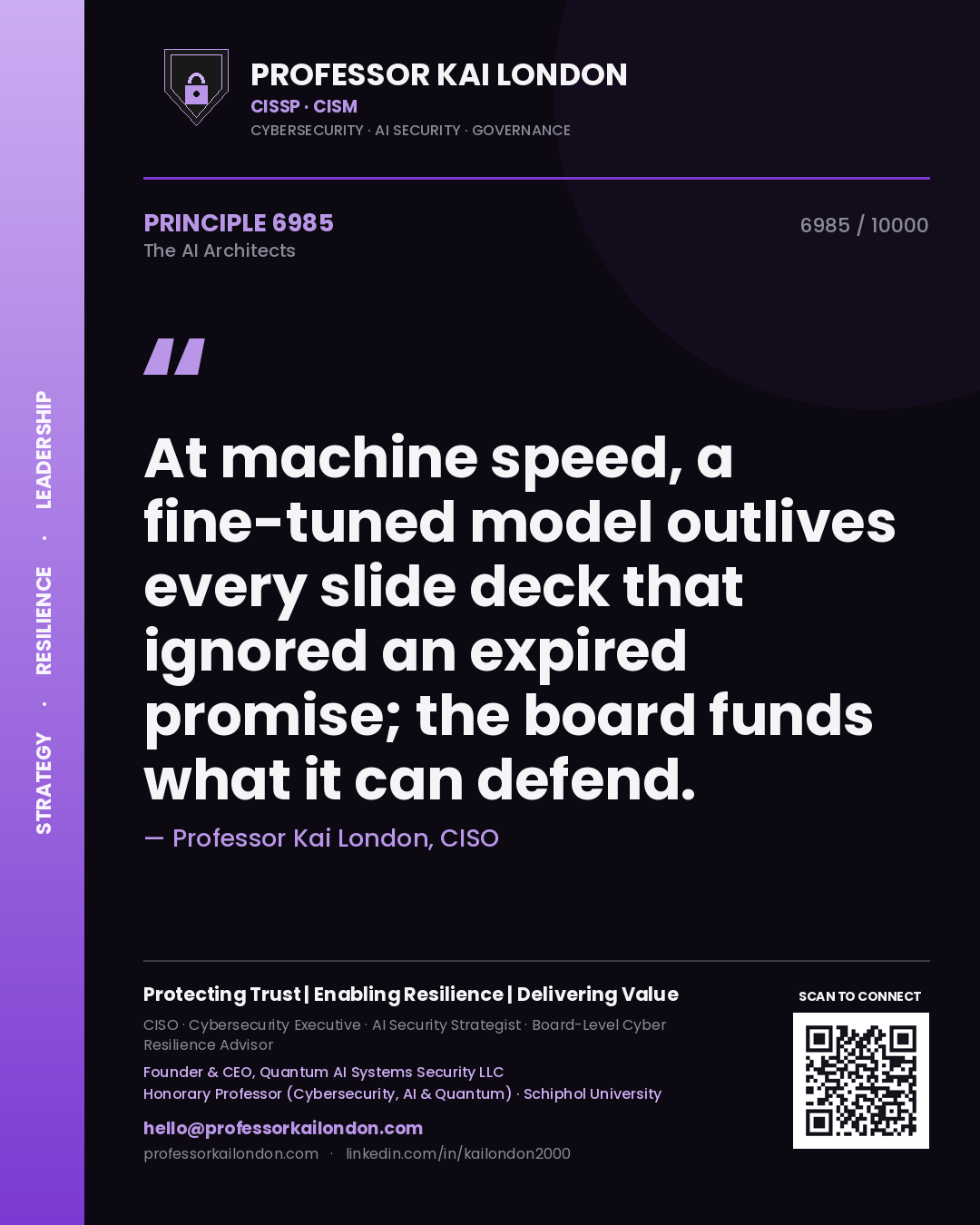 Quote card by Professor Kai London reading 'At machine speed, a fine-tuned model outlives every slide deck that ignored an expired promise; the board funds what it can defend.'. From the book The AI Architects.
