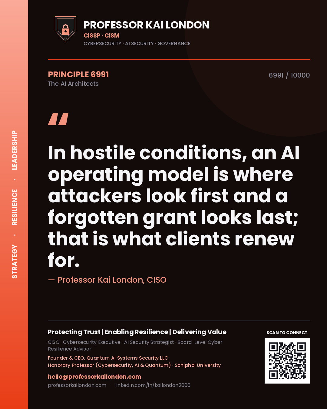 Quote card by Professor Kai London reading 'In hostile conditions, an AI operating model is where attackers look first and a forgotten grant looks last; that is what clients renew for.'. From the book The AI Architects.
