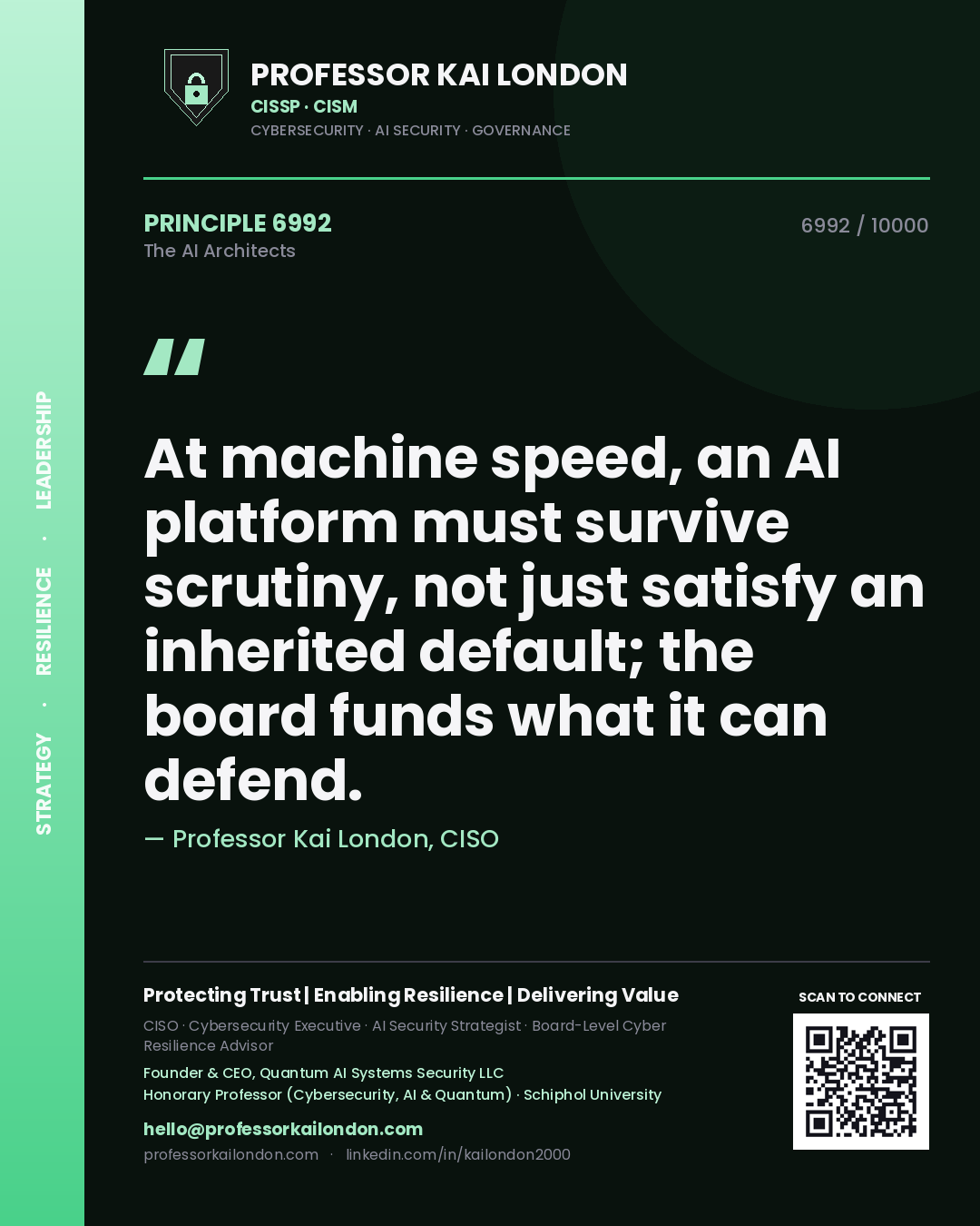 Quote card by Professor Kai London reading 'At machine speed, an AI platform must survive scrutiny, not just satisfy an inherited default; the board funds what it can defend.'. From the book The AI Architects.