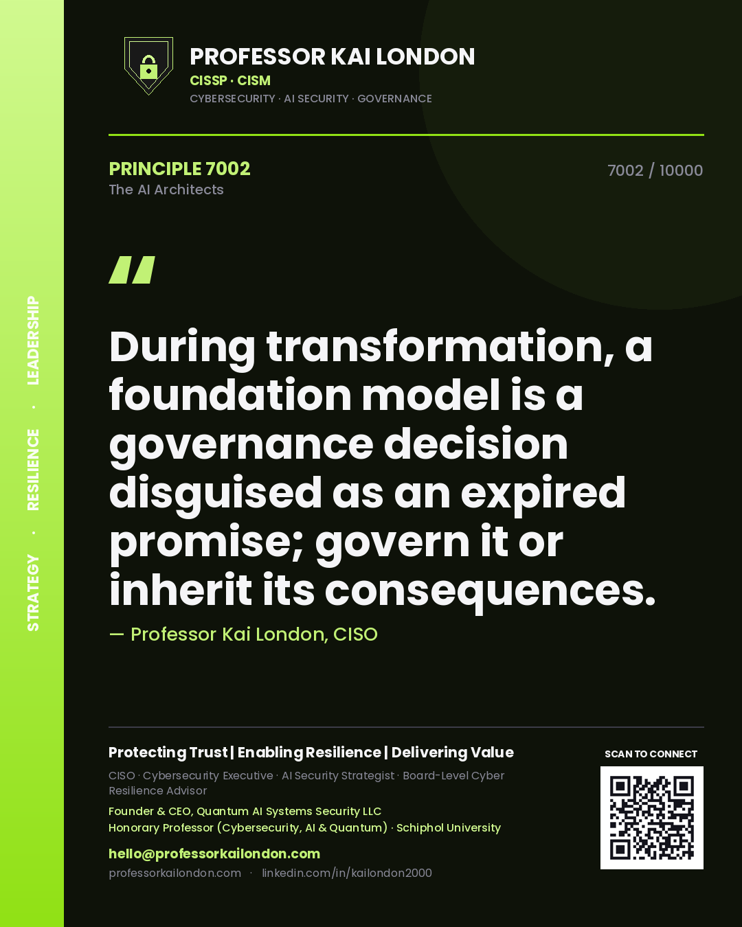 Quote card by Professor Kai London reading 'During transformation, a foundation model is a governance decision disguised as an expired promise; govern it or inherit its consequences.'. From the book The AI Architects.