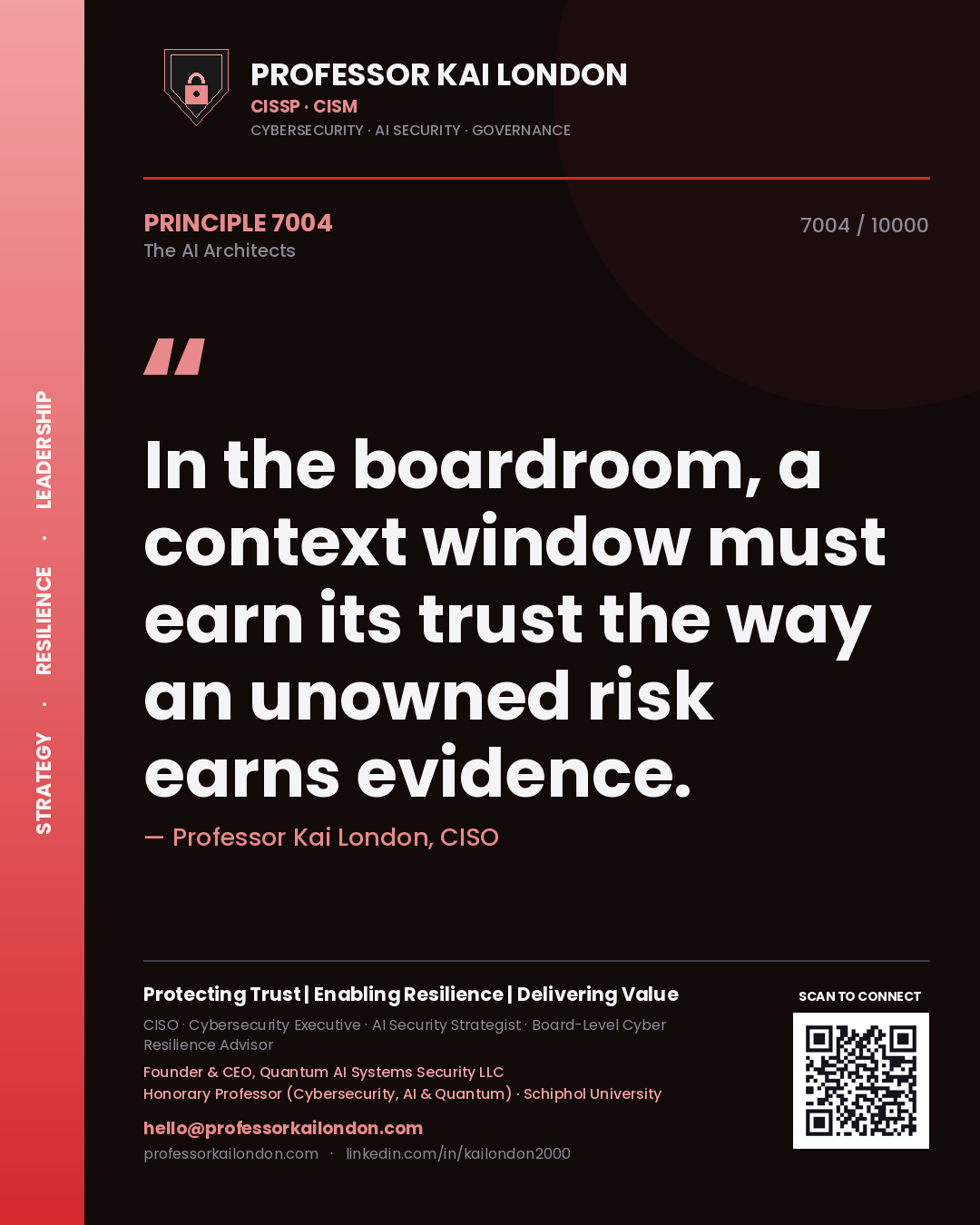 Quote card by Professor Kai London reading 'In the boardroom, a context window must earn its trust the way an unowned risk earns evidence.'. From the book The AI Architects.