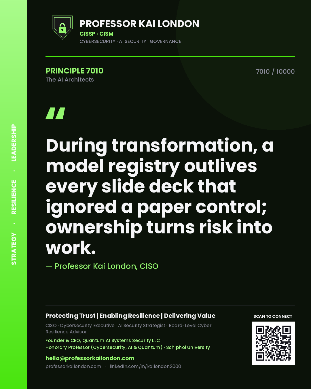 Quote card by Professor Kai London reading 'During transformation, a model registry outlives every slide deck that ignored a paper control; ownership turns risk into work.'. From the book The AI Architects.