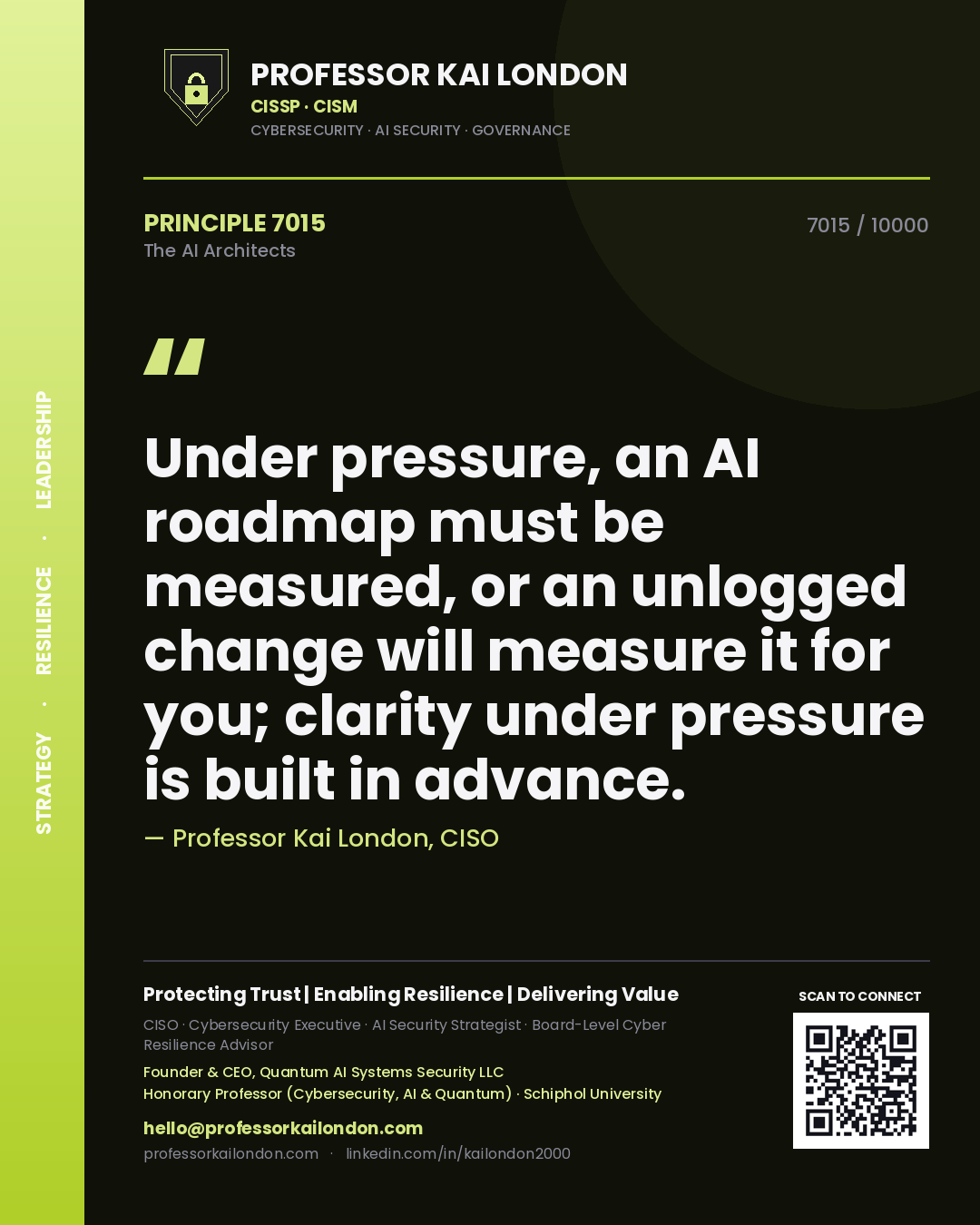Professor Kai London principle 7015: Under pressure, an AI roadmap must be measured, or an unlogged change will measure it for you; clarity under pressure is built in advance.