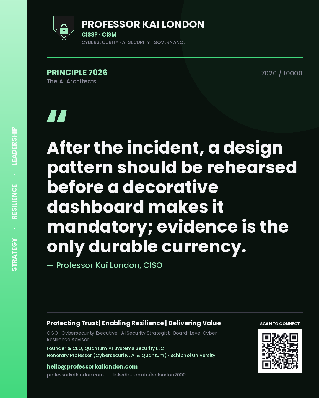 Quote card by Professor Kai London reading 'After the incident, a design pattern should be rehearsed before a decorative dashboard makes it mandatory; evidence is the only durable currency.'. From the book The AI Architects.