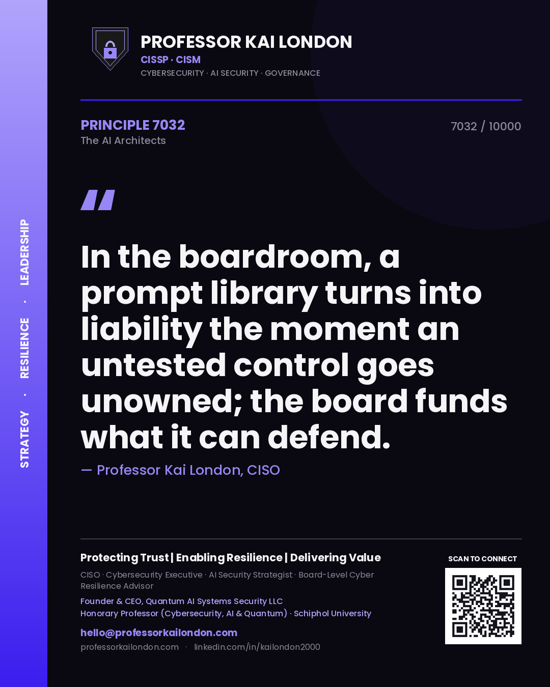 Quote card by Professor Kai London reading 'In the boardroom, a prompt library turns into liability the moment an untested control goes unowned; the board funds what it can defend.'. From the book The AI Architects.