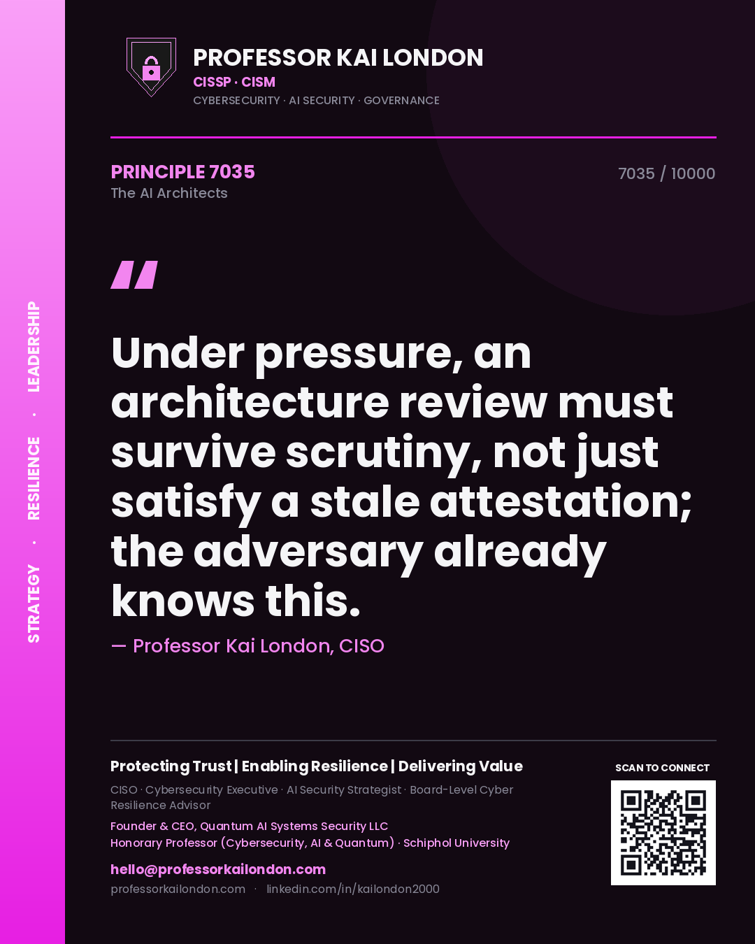 Professor Kai London principle 7035: Under pressure, an architecture review must survive scrutiny, not just satisfy a stale attestation; the adversary already knows this.