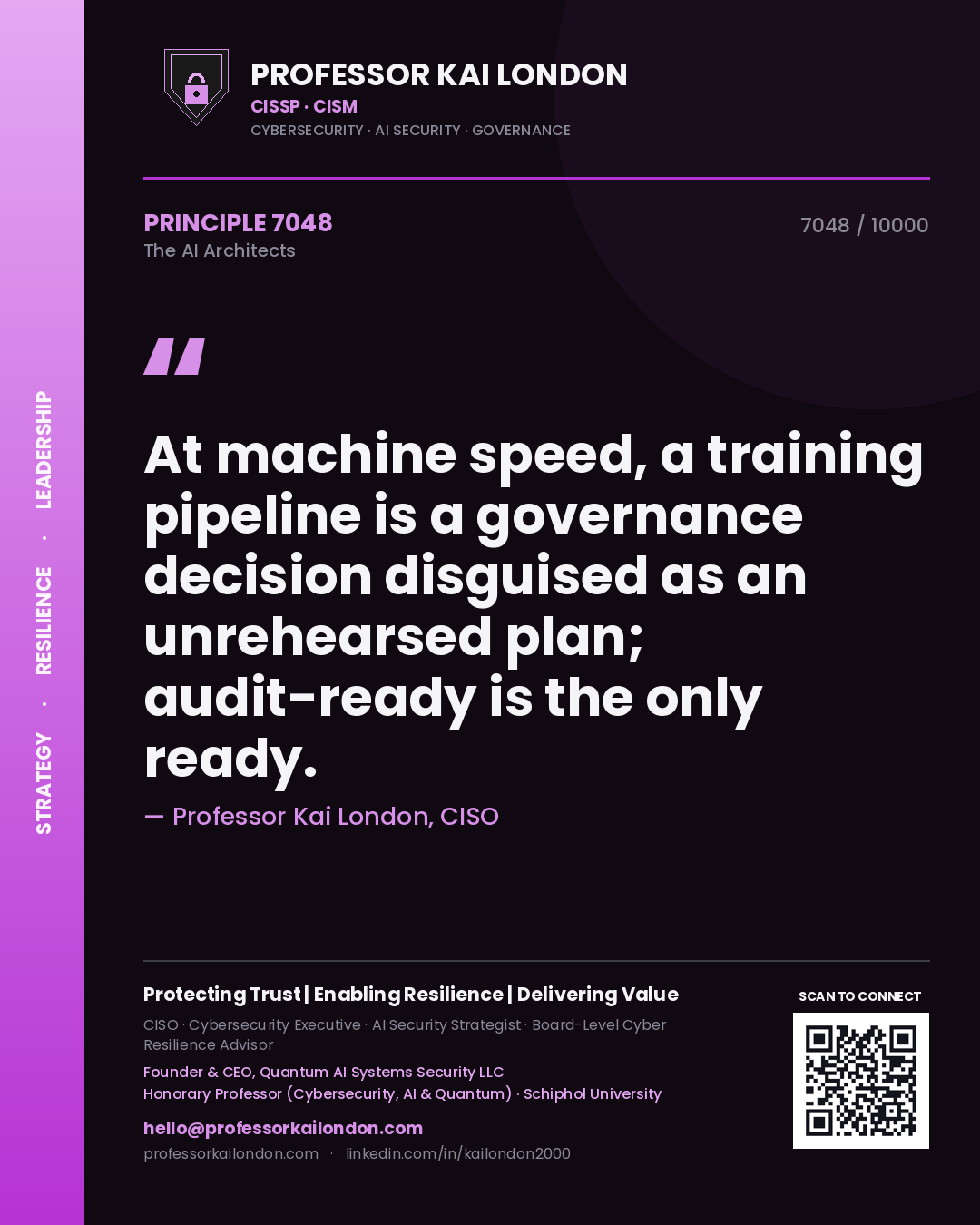 Quote card by Professor Kai London reading 'At machine speed, a training pipeline is a governance decision disguised as an unrehearsed plan; audit-ready is the only ready.'. From the book The AI Architects.