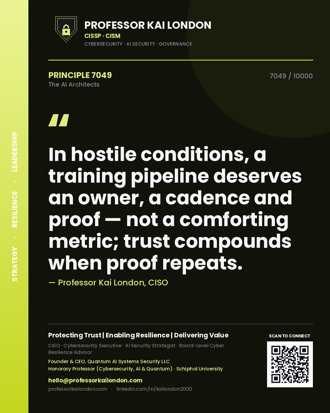Quote card by Professor Kai London reading 'In hostile conditions, a training pipeline deserves an owner, a cadence and proof — not a comforting metric; trust compounds when proof repeats.'. From the book The AI Architects.