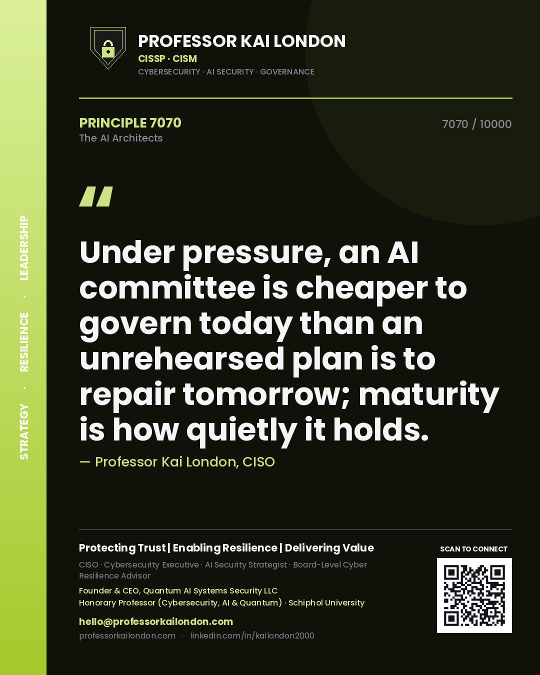 Professor Kai London principle 7070: Under pressure, an AI committee is cheaper to govern today than an unrehearsed plan is to repair tomorrow; maturity is how quietly it holds.