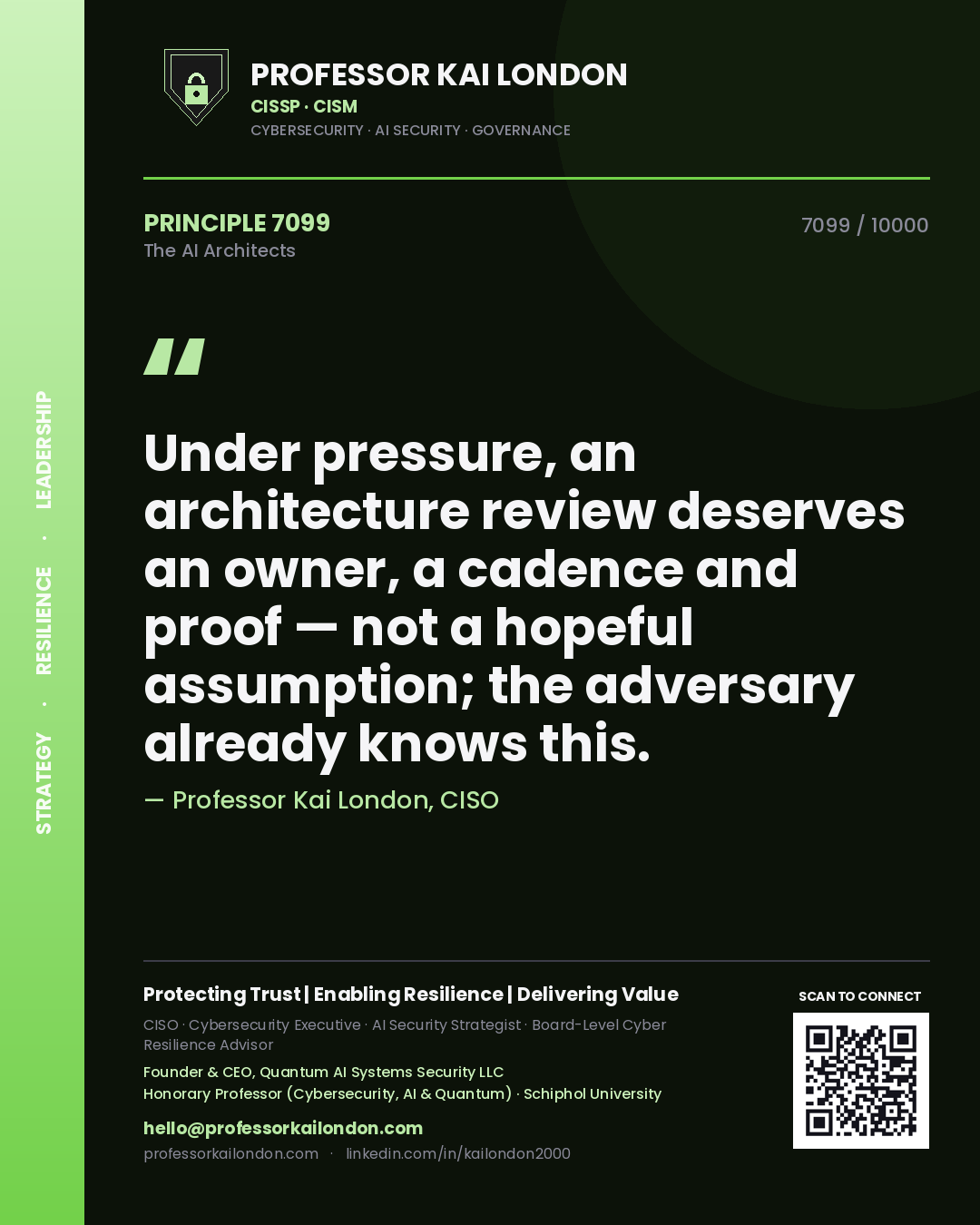 Professor Kai London principle 7099: Under pressure, an architecture review deserves an owner, a cadence and proof — not a hopeful assumption; the adversary already knows this.