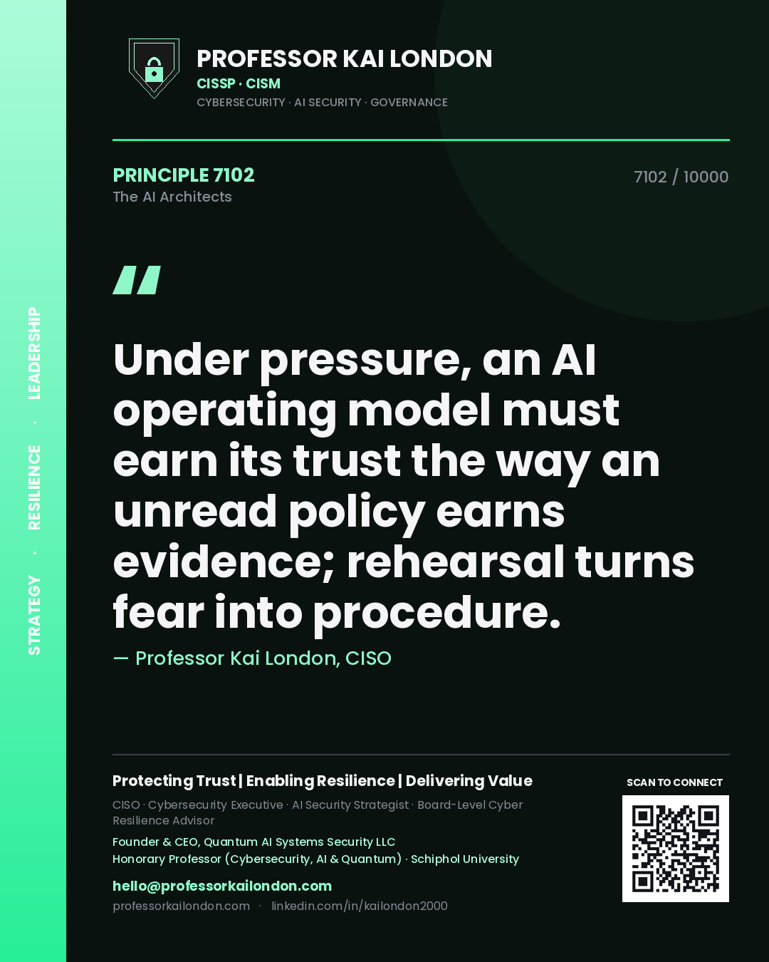 Quote card by Professor Kai London reading 'Under pressure, an AI operating model must earn its trust the way an unread policy earns evidence; rehearsal turns fear into procedure.'. From the book The AI Architects.