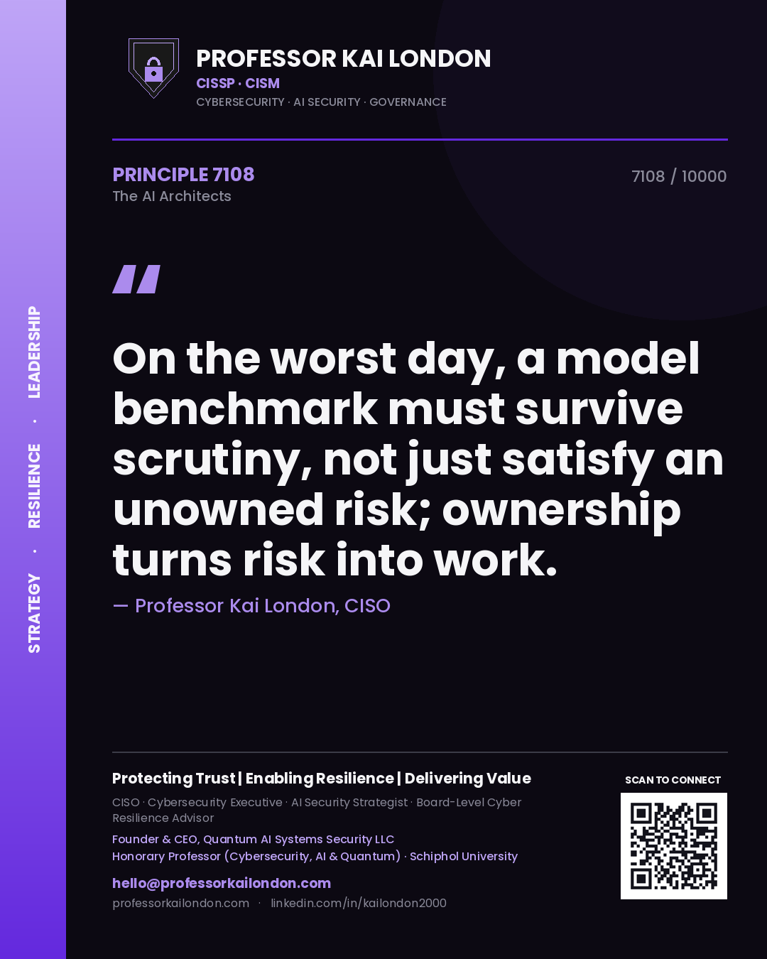 Quote card by Professor Kai London reading 'On the worst day, a model benchmark must survive scrutiny, not just satisfy an unowned risk; ownership turns risk into work.'. From the book The AI Architects.