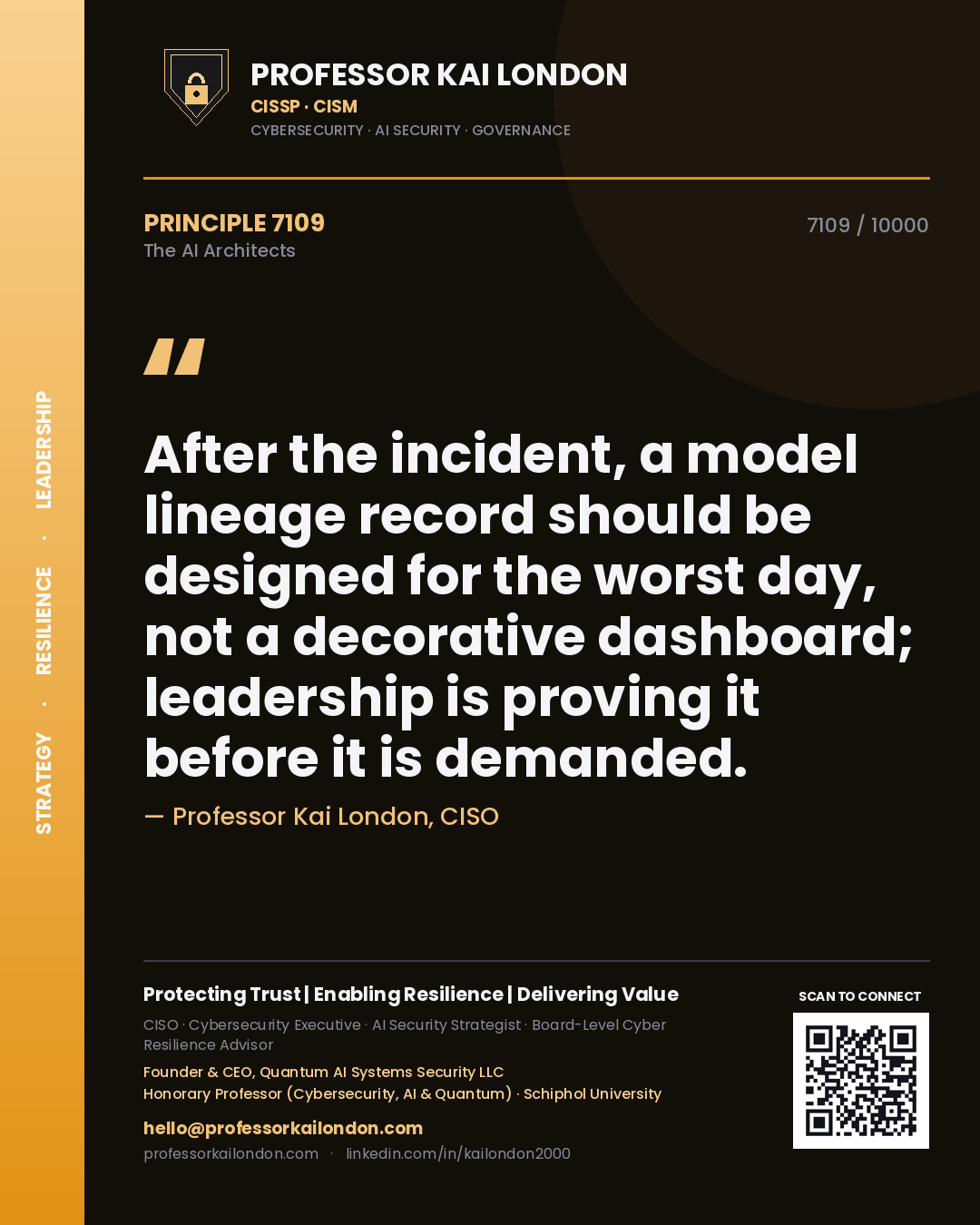 Quote card by Professor Kai London reading 'After the incident, a model lineage record should be designed for the worst day, not a decorative dashboard; leadership is proving it before it is demanded.'. From the book The AI Architects.