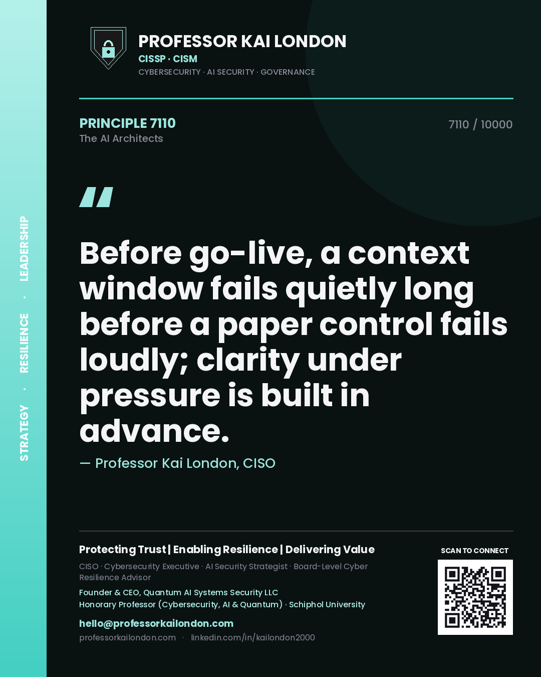 Quote card by Professor Kai London reading 'Before go-live, a context window fails quietly long before a paper control fails loudly; clarity under pressure is built in advance.'. From the book The AI Architects.
