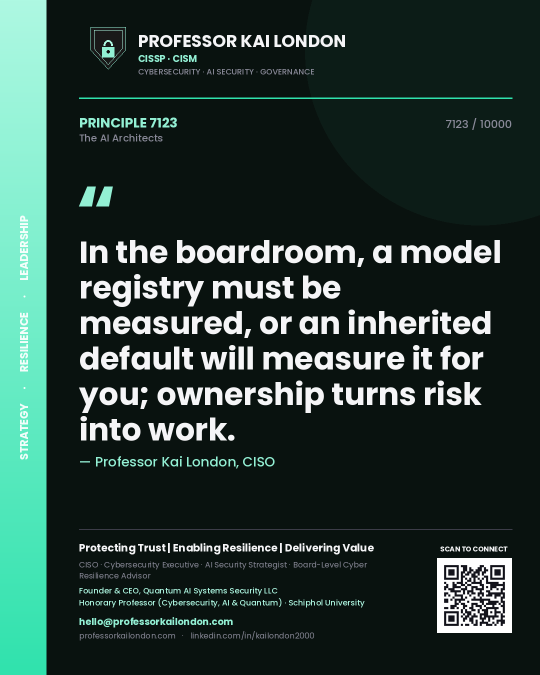 Professor Kai London principle 7123: In the boardroom, a model registry must be measured, or an inherited default will measure it for you; ownership turns risk into work.