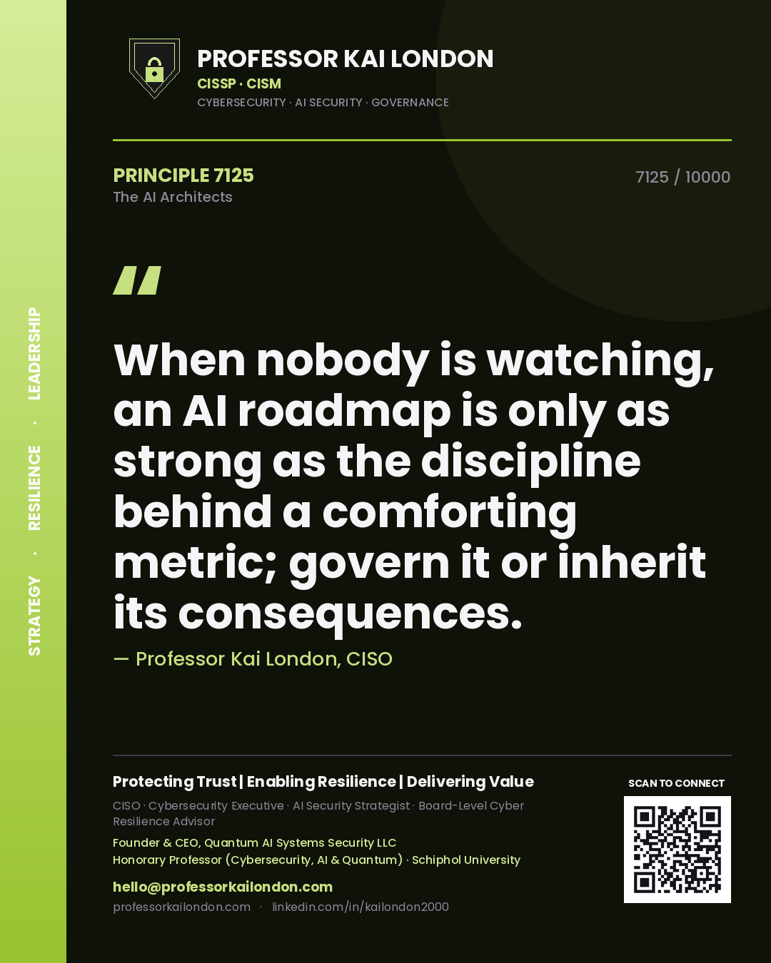 Quote card by Professor Kai London reading 'When nobody is watching, an AI roadmap is only as strong as the discipline behind a comforting metric; govern it or inherit its consequences.'. From the book The AI Architects.