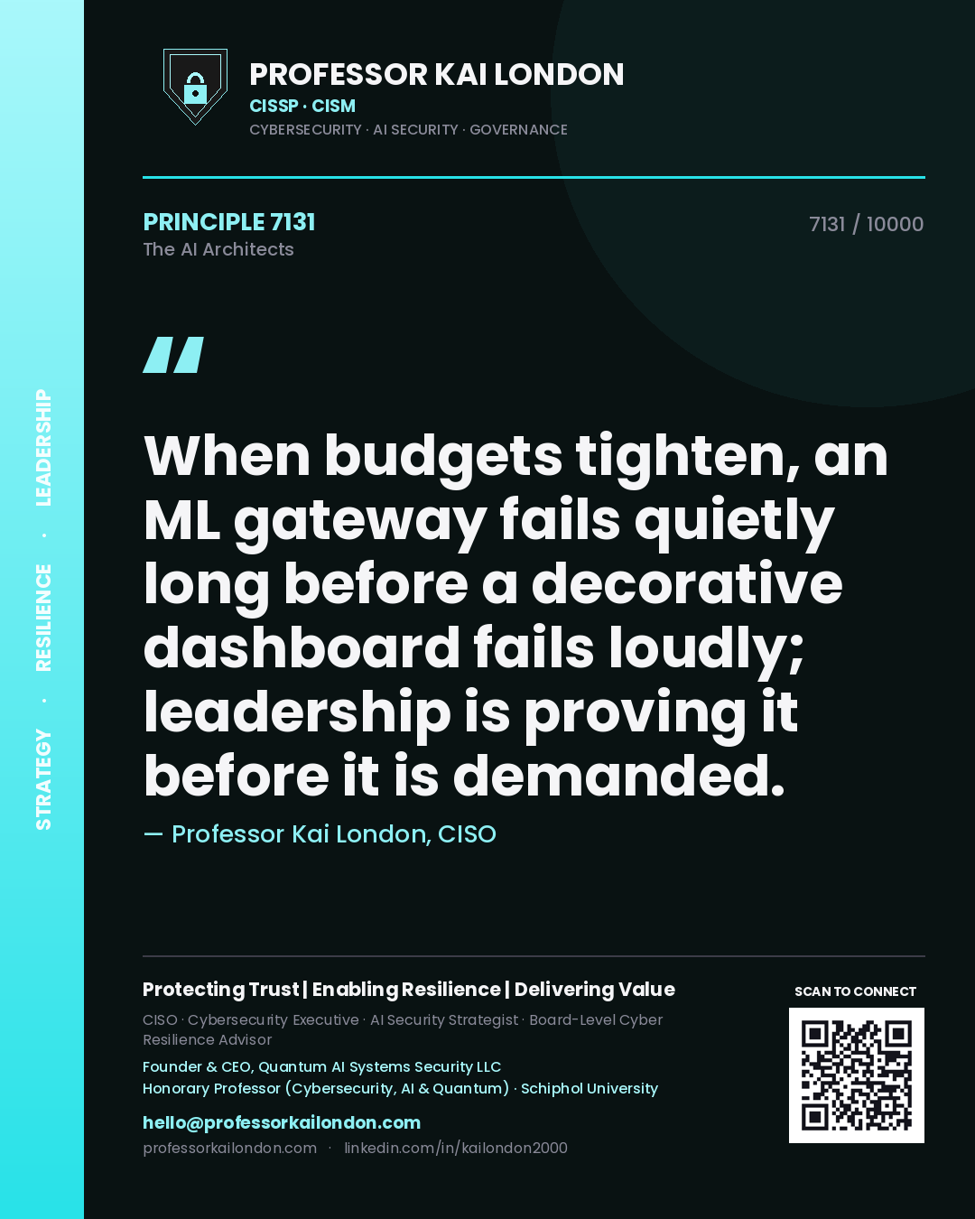 Quote card by Professor Kai London reading 'When budgets tighten, an ML gateway fails quietly long before a decorative dashboard fails loudly; leadership is proving it before it is demanded.'. From the book The AI Architects.