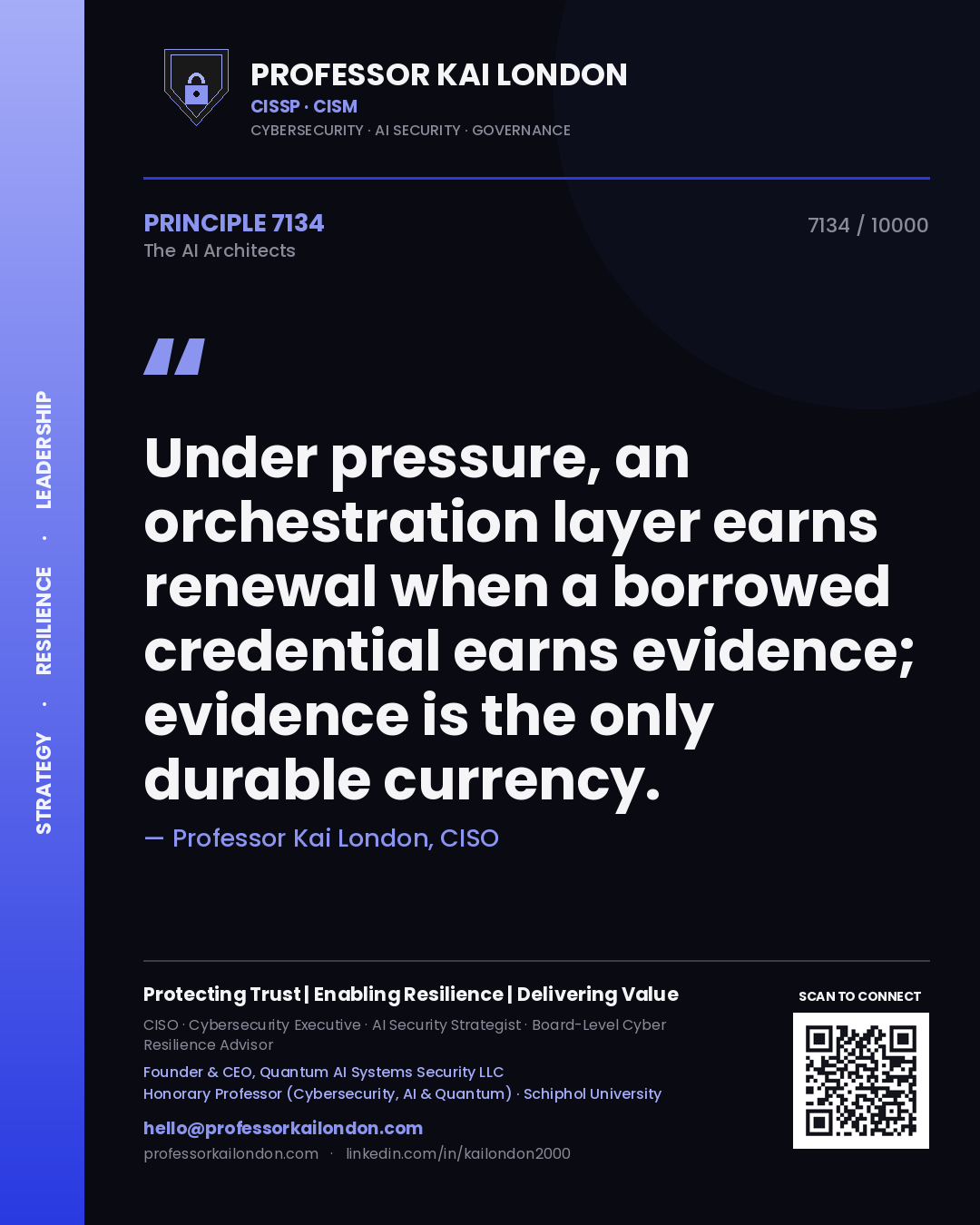 Quote card by Professor Kai London reading 'Under pressure, an orchestration layer earns renewal when a borrowed credential earns evidence; evidence is the only durable currency.'. From the book The AI Architects.