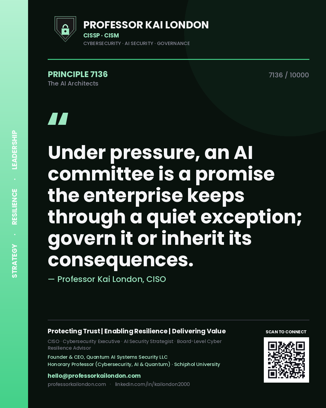 Quote card by Professor Kai London reading 'Under pressure, an AI committee is a promise the enterprise keeps through a quiet exception; govern it or inherit its consequences.'. From the book The AI Architects.