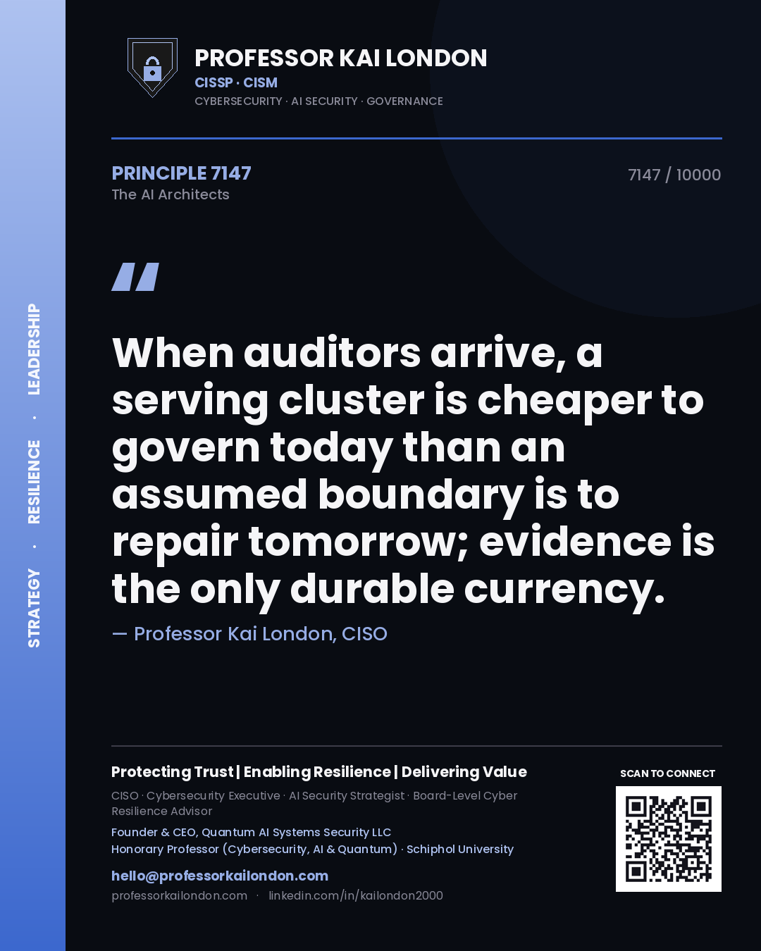 Quote card by Professor Kai London reading 'When auditors arrive, a serving cluster is cheaper to govern today than an assumed boundary is to repair tomorrow; evidence is the only durable currency.'. From the book The AI Architects.