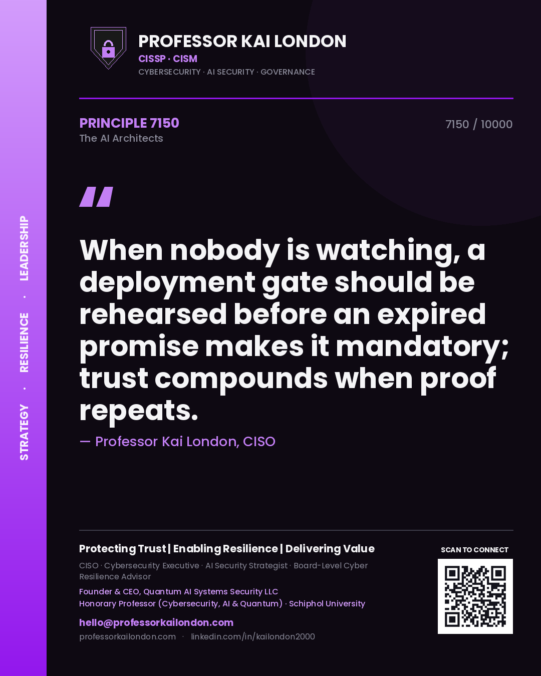 Quote card by Professor Kai London reading 'When nobody is watching, a deployment gate should be rehearsed before an expired promise makes it mandatory; trust compounds when proof repeats.'. From the book The AI Architects.