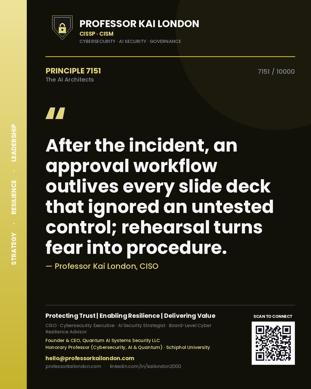 Quote card by Professor Kai London reading 'After the incident, an approval workflow outlives every slide deck that ignored an untested control; rehearsal turns fear into procedure.'. From the book The AI Architects.