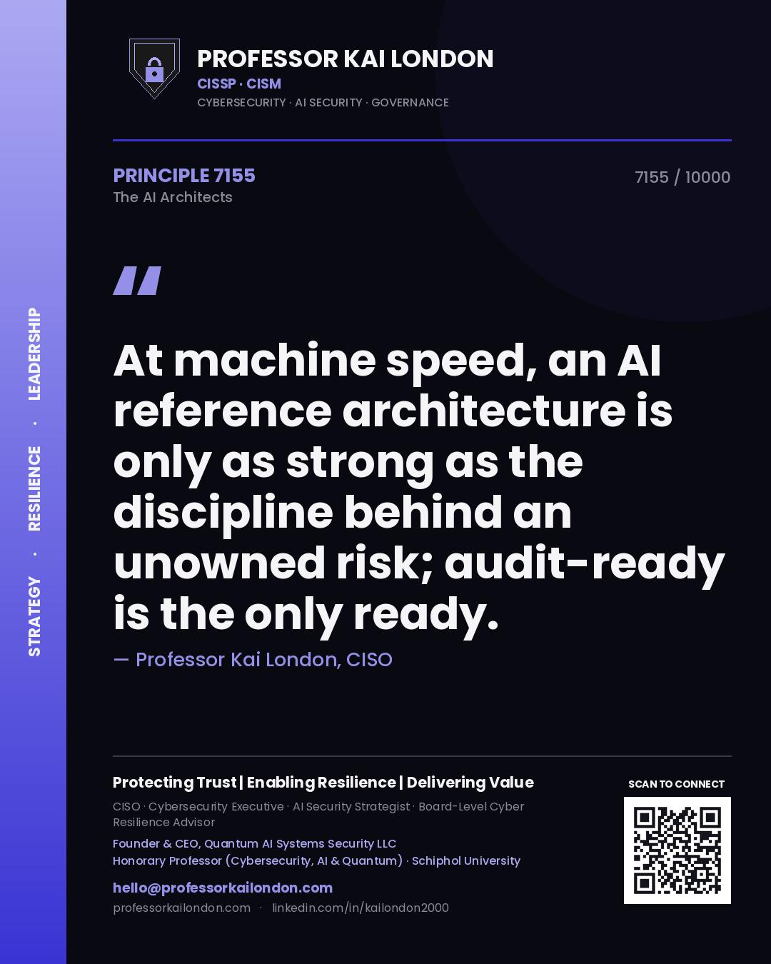 Quote card by Professor Kai London reading 'At machine speed, an AI reference architecture is only as strong as the discipline behind an unowned risk; audit-ready is the only ready.'. From the book The AI Architects.