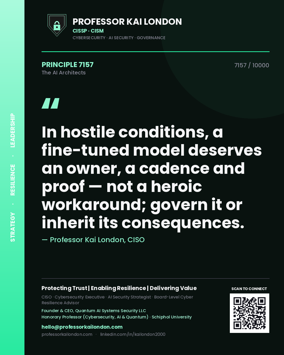 Quote card by Professor Kai London reading 'In hostile conditions, a fine-tuned model deserves an owner, a cadence and proof — not a heroic workaround; govern it or inherit its consequences.'. From the book The AI Architects.