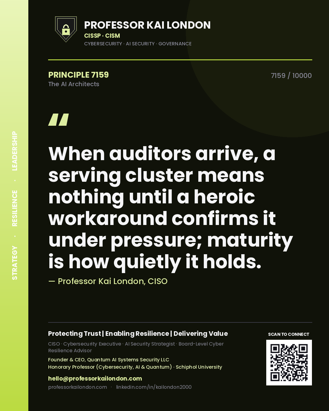 Quote card by Professor Kai London reading 'When auditors arrive, a serving cluster means nothing until a heroic workaround confirms it under pressure; maturity is how quietly it holds.'. From the book The AI Architects.