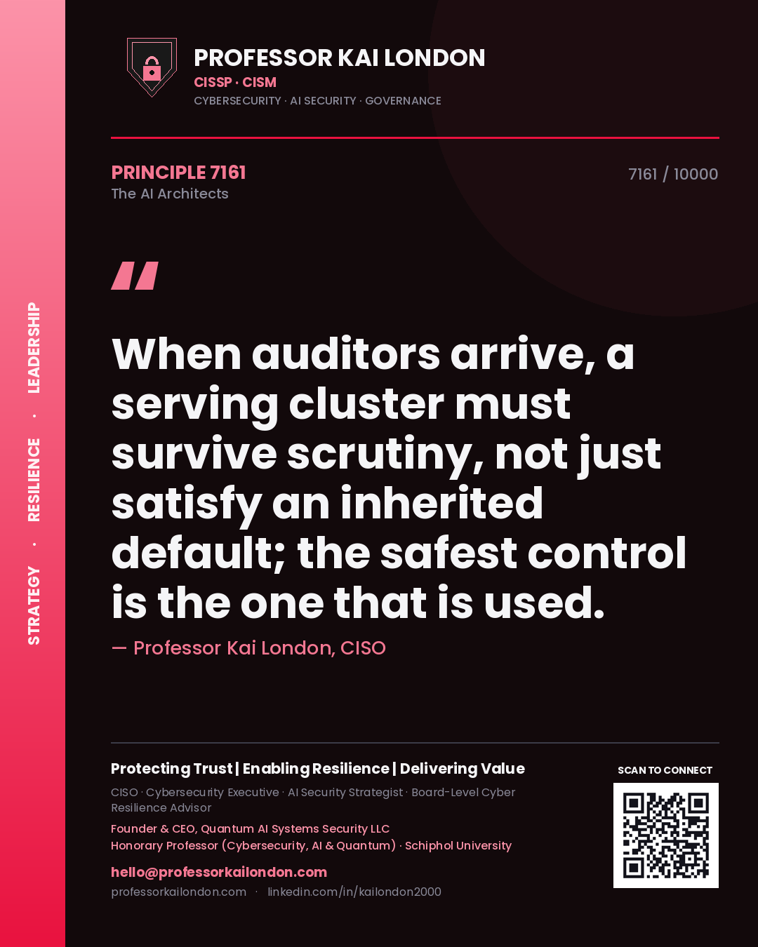 Quote card by Professor Kai London reading 'When auditors arrive, a serving cluster must survive scrutiny, not just satisfy an inherited default; the safest control is the one that is used.'. From the book The AI Architects.