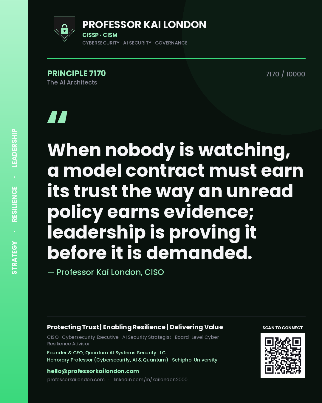 Professor Kai London principle 7170: When nobody is watching, a model contract must earn its trust the way an unread policy earns evidence; leadership is proving it before it is demanded.