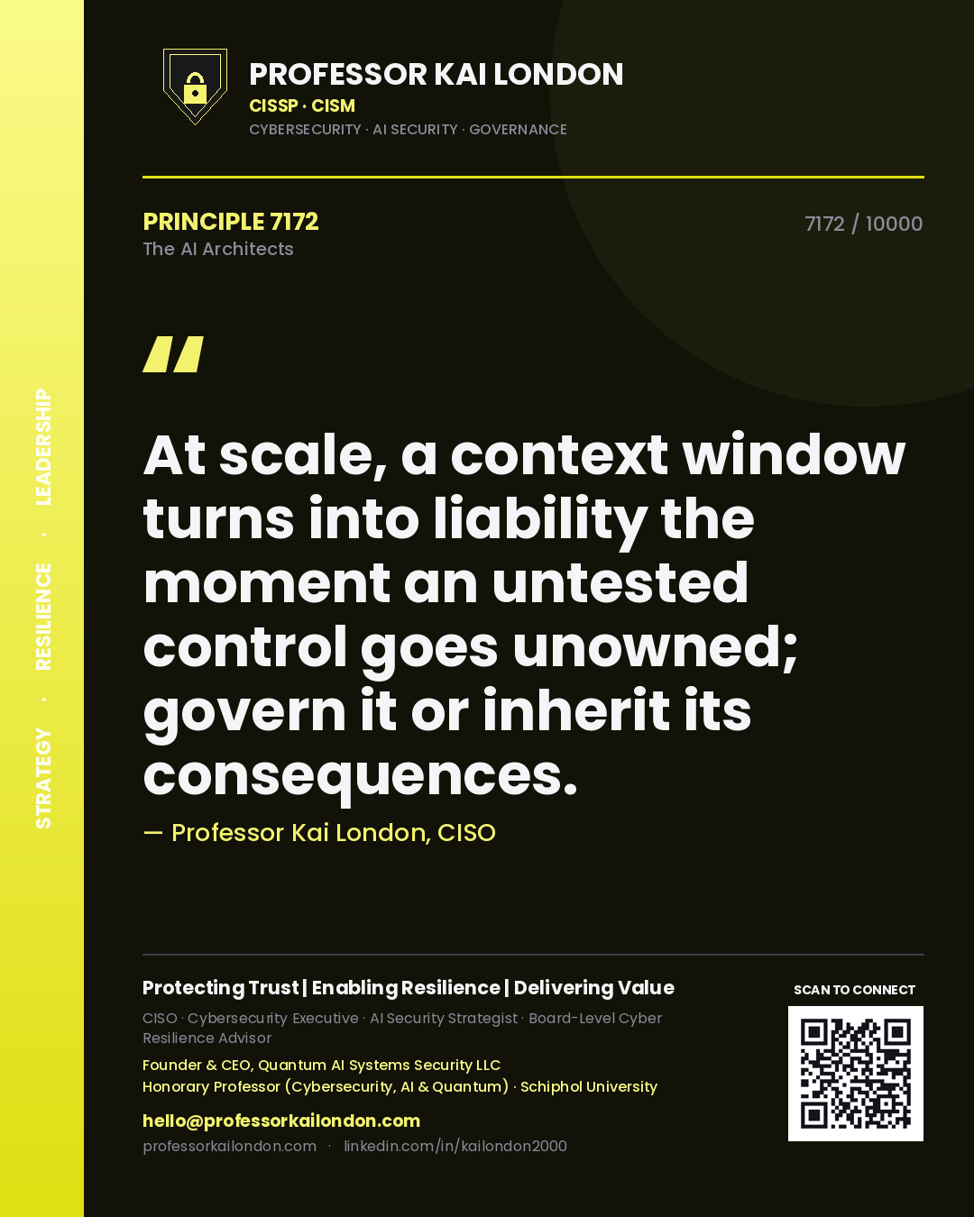 Quote card by Professor Kai London reading 'At scale, a context window turns into liability the moment an untested control goes unowned; govern it or inherit its consequences.'. From the book The AI Architects.