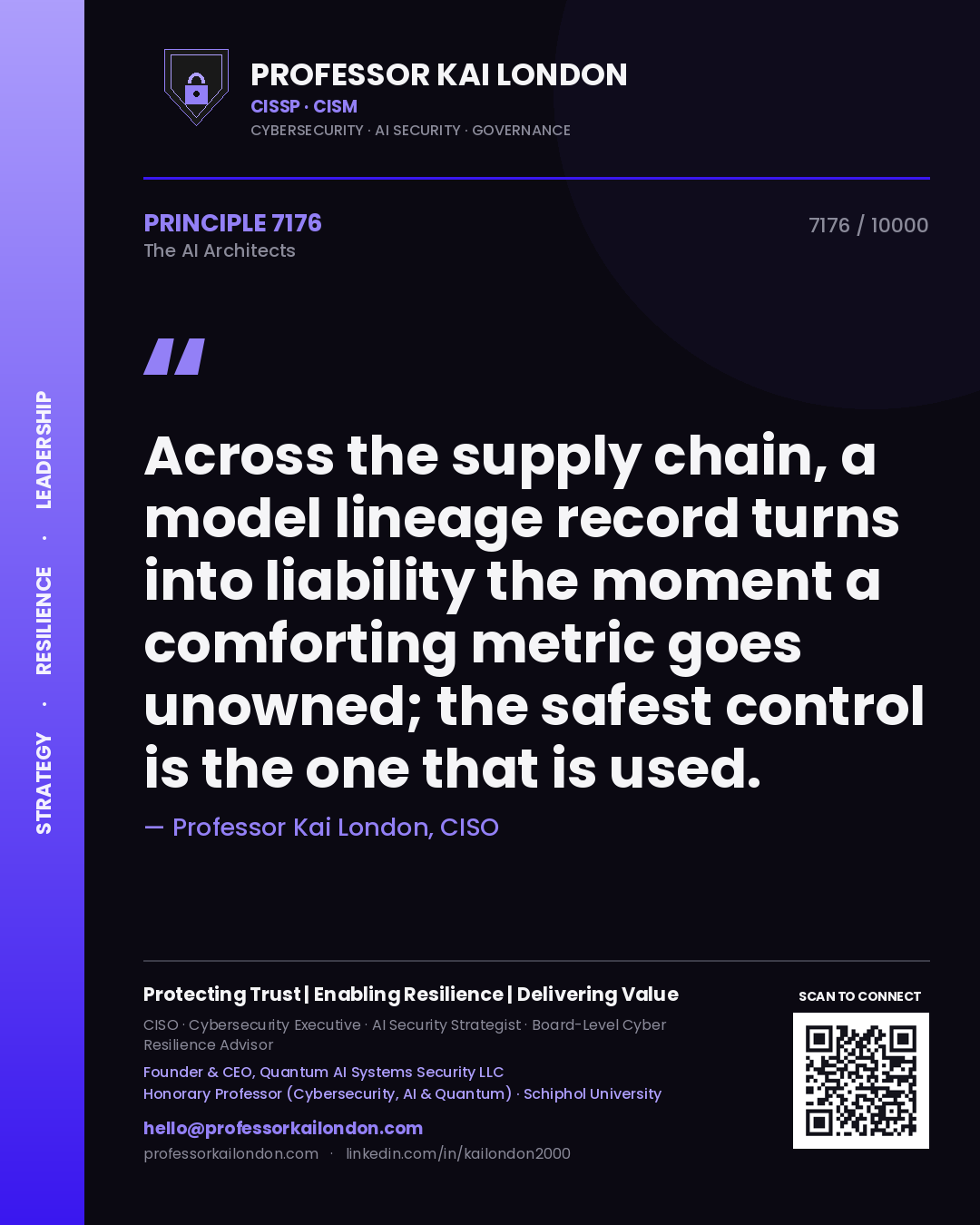 Quote card by Professor Kai London reading 'Across the supply chain, a model lineage record turns into liability the moment a comforting metric goes unowned; the safest control is the one that is used.'. From the book The AI Architects.