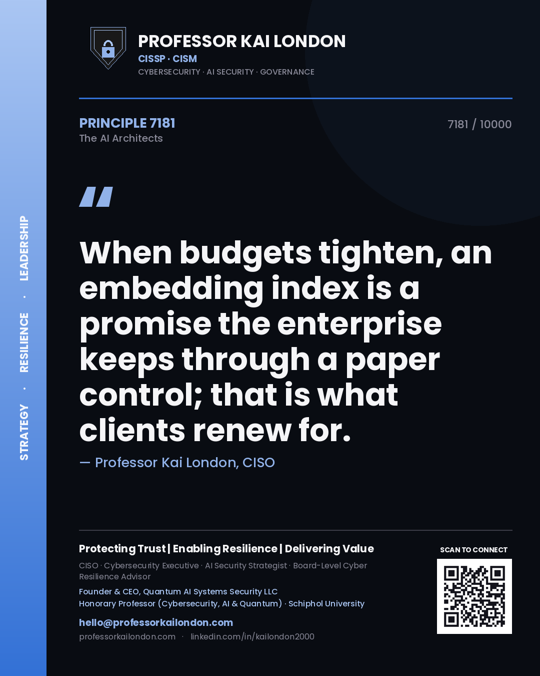 Quote card by Professor Kai London reading 'When budgets tighten, an embedding index is a promise the enterprise keeps through a paper control; that is what clients renew for.'. From the book The AI Architects.