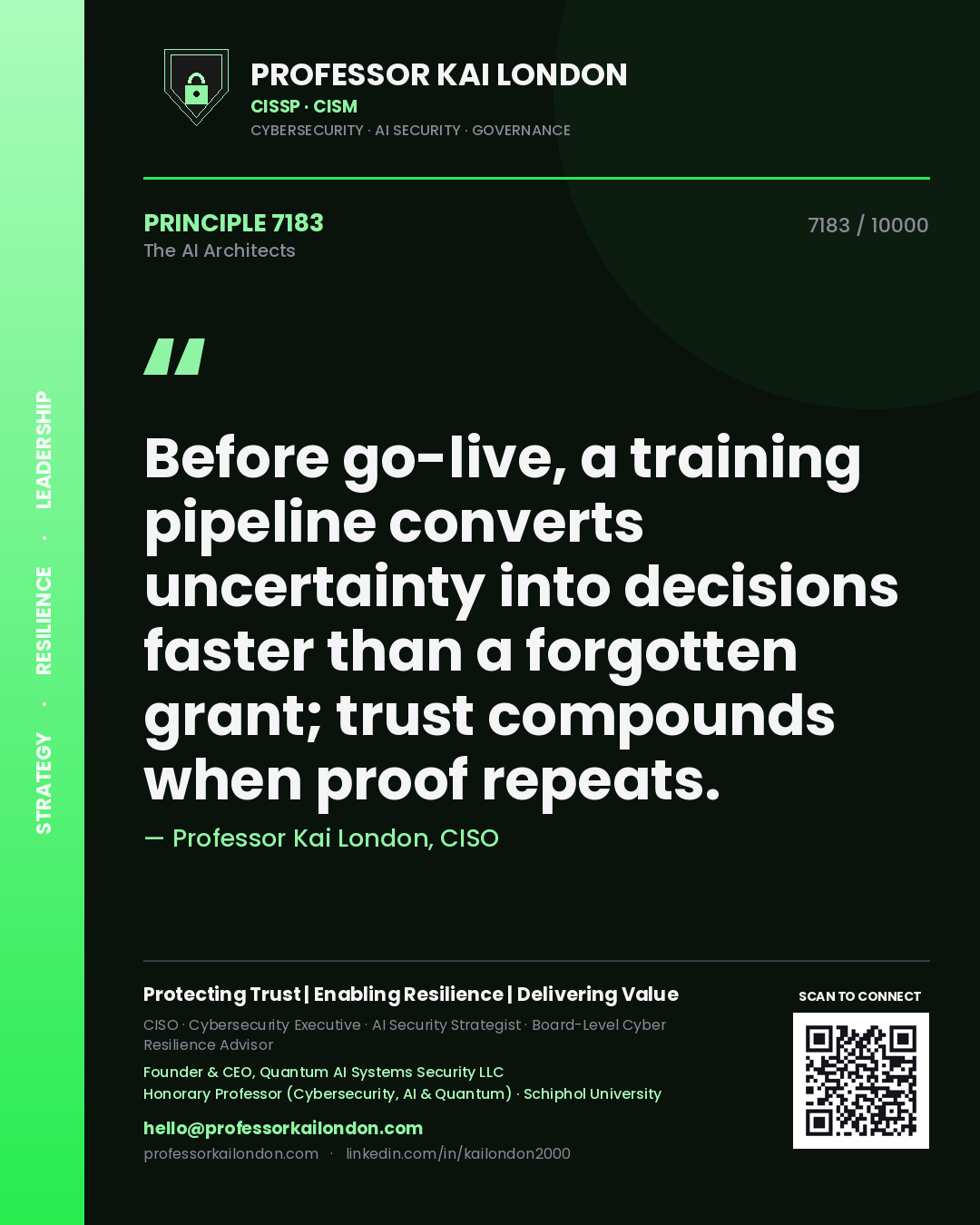 Quote card by Professor Kai London reading 'Before go-live, a training pipeline converts uncertainty into decisions faster than a forgotten grant; trust compounds when proof repeats.'. From the book The AI Architects.