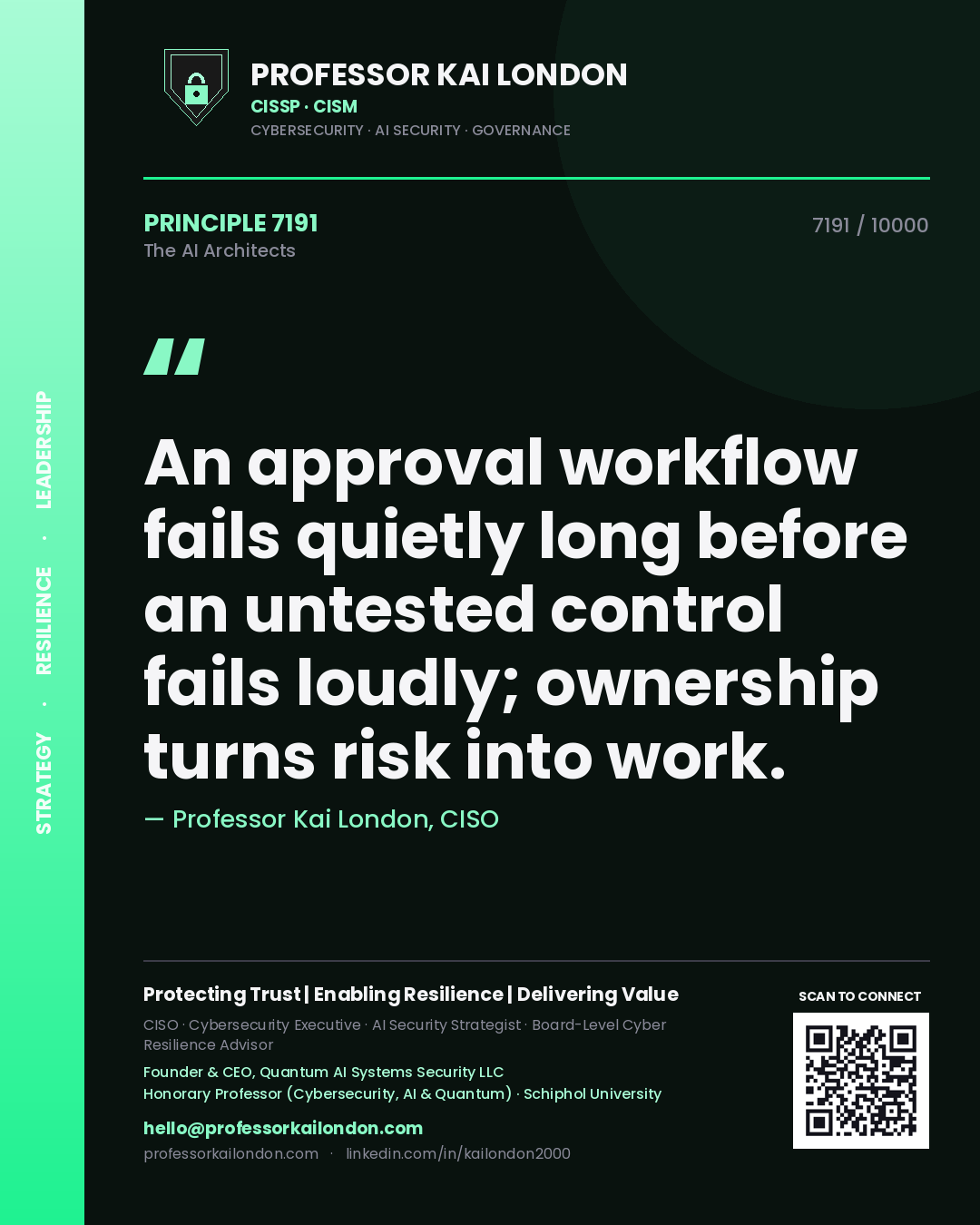 Quote card by Professor Kai London reading 'An approval workflow fails quietly long before an untested control fails loudly; ownership turns risk into work.'. From the book The AI Architects.