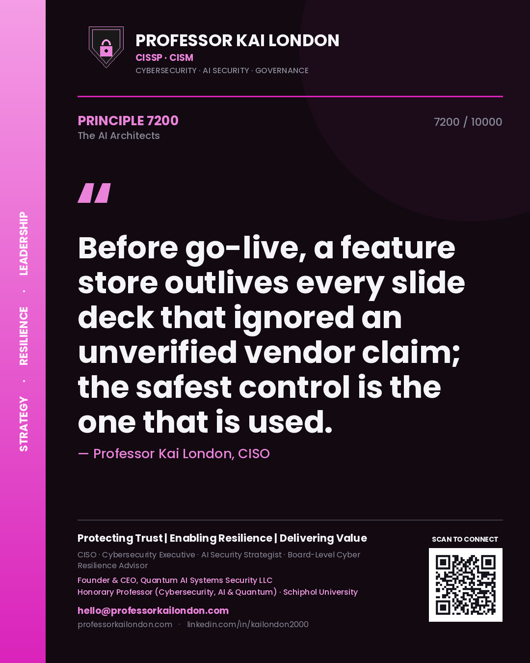 Quote card by Professor Kai London reading 'Before go-live, a feature store outlives every slide deck that ignored an unverified vendor claim; the safest control is the one that is used.'. From the book The AI Architects.
