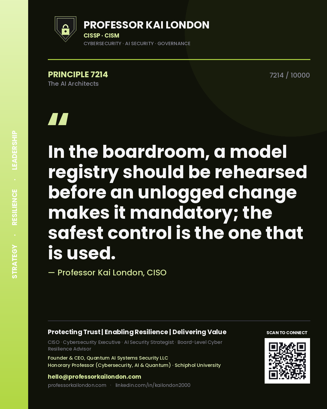 Professor Kai London principle 7214: In the boardroom, a model registry should be rehearsed before an unlogged change makes it mandatory; the safest control is the one that is used.