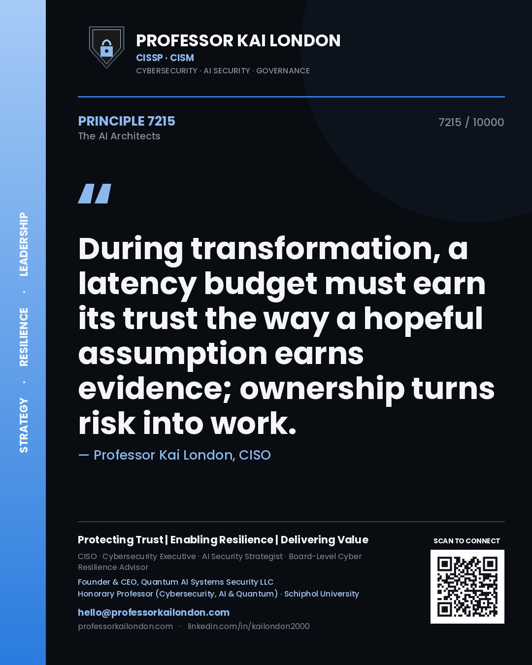 Quote card by Professor Kai London reading 'During transformation, a latency budget must earn its trust the way a hopeful assumption earns evidence; ownership turns risk into work.'. From the book The AI Architects.