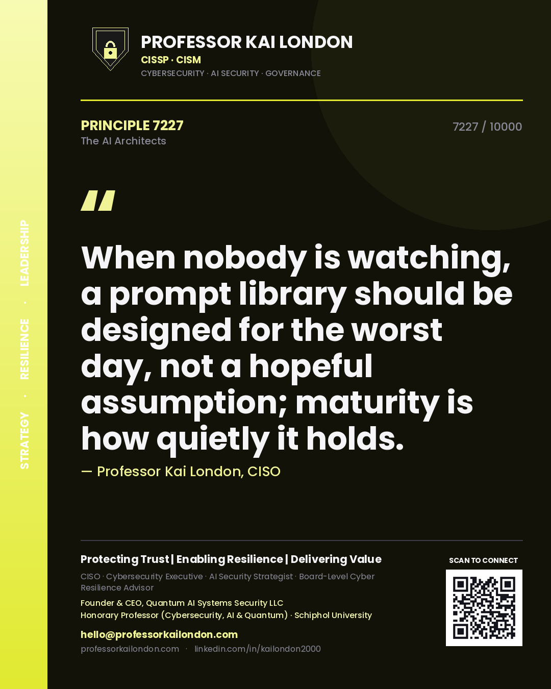 Quote card by Professor Kai London reading 'When nobody is watching, a prompt library should be designed for the worst day, not a hopeful assumption; maturity is how quietly it holds.'. From the book The AI Architects.